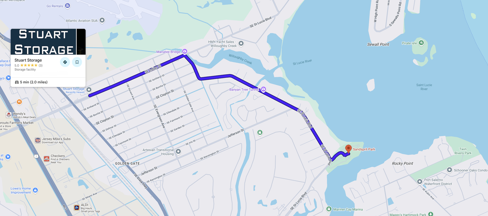 Sandsprit Park Map showing directions from Stuart Storage